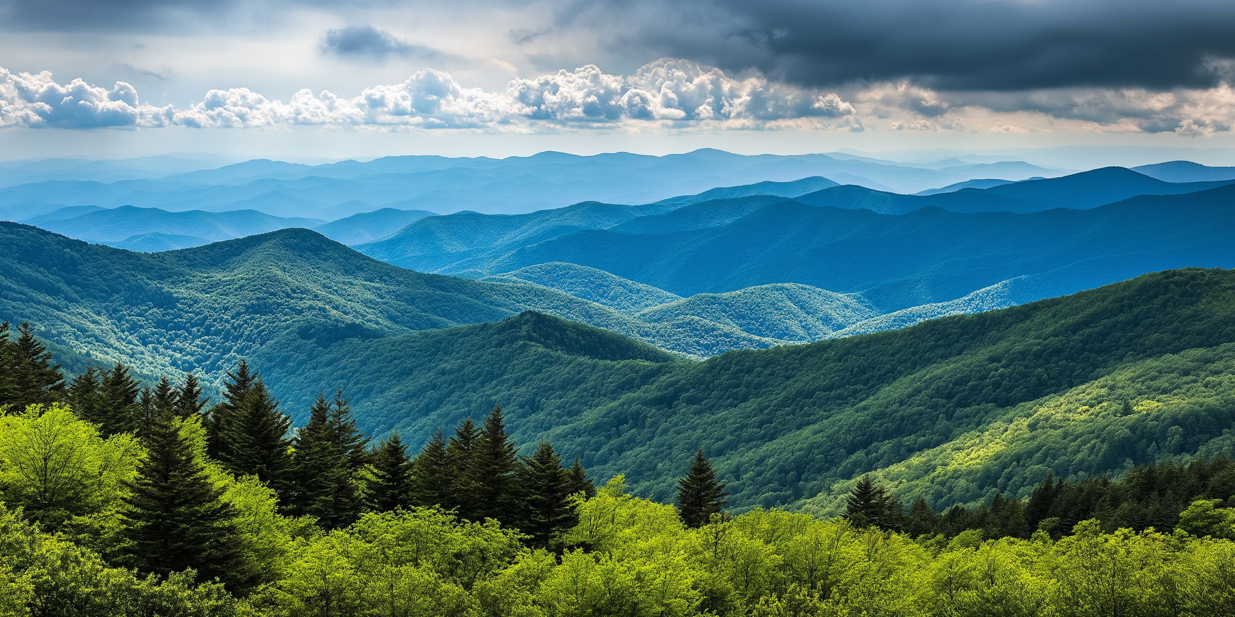 Layered ridgelines of the Blue Ridge Mountains under a cloudy sky